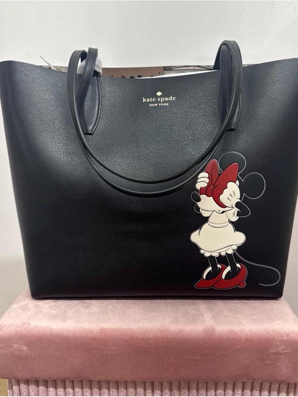 kate spade black leather tote with Minnie Mouse applique